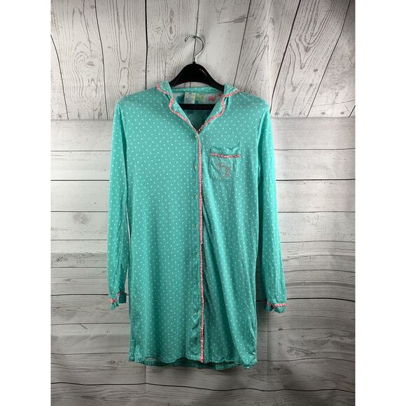 Caribbean Joe Sleep Shirt Womens small nightgown‎ button up polka dot green - Picture 1 of 4